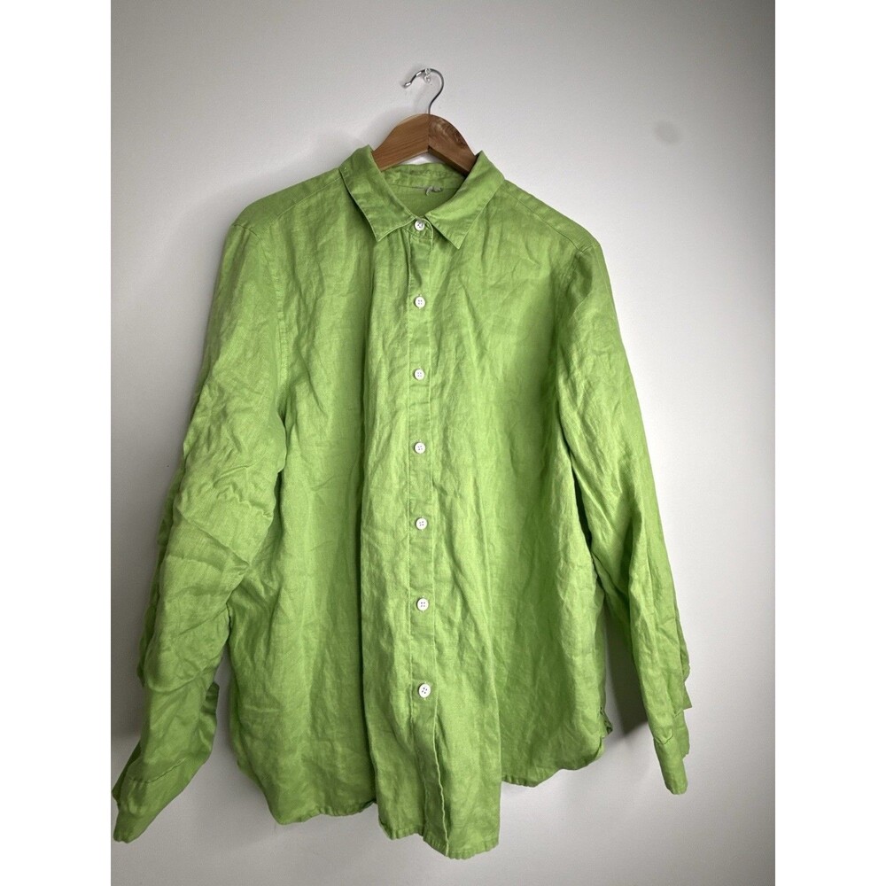 Italy Linen 100% Linen Button Front Shirt Lime Green Relaxed Top S